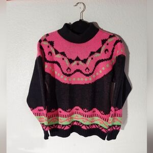 ADELE Knitwear Vtg Neon Hot Pink Black & Neon Green Mock Neck Sweater WM M/L